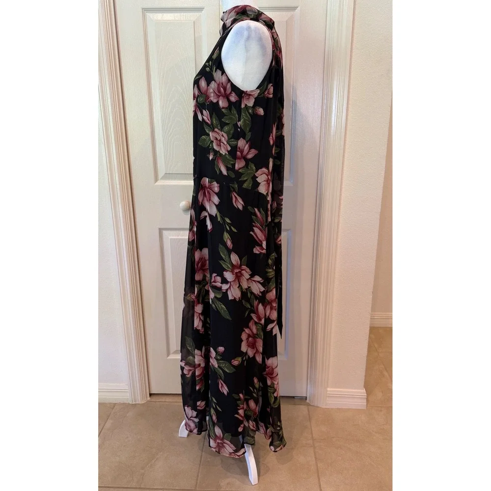Rachel Zoe Black Pink Floral Magnolia High Neck Halter Maxi Dress Med NWOT